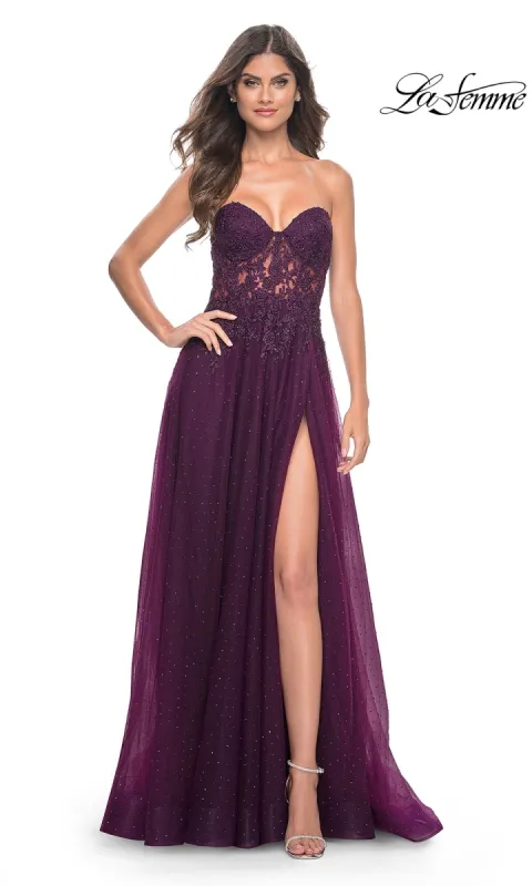 La Femme Sheer-Lace Long Beaded Prom Dress 32253 sold by PromGirl