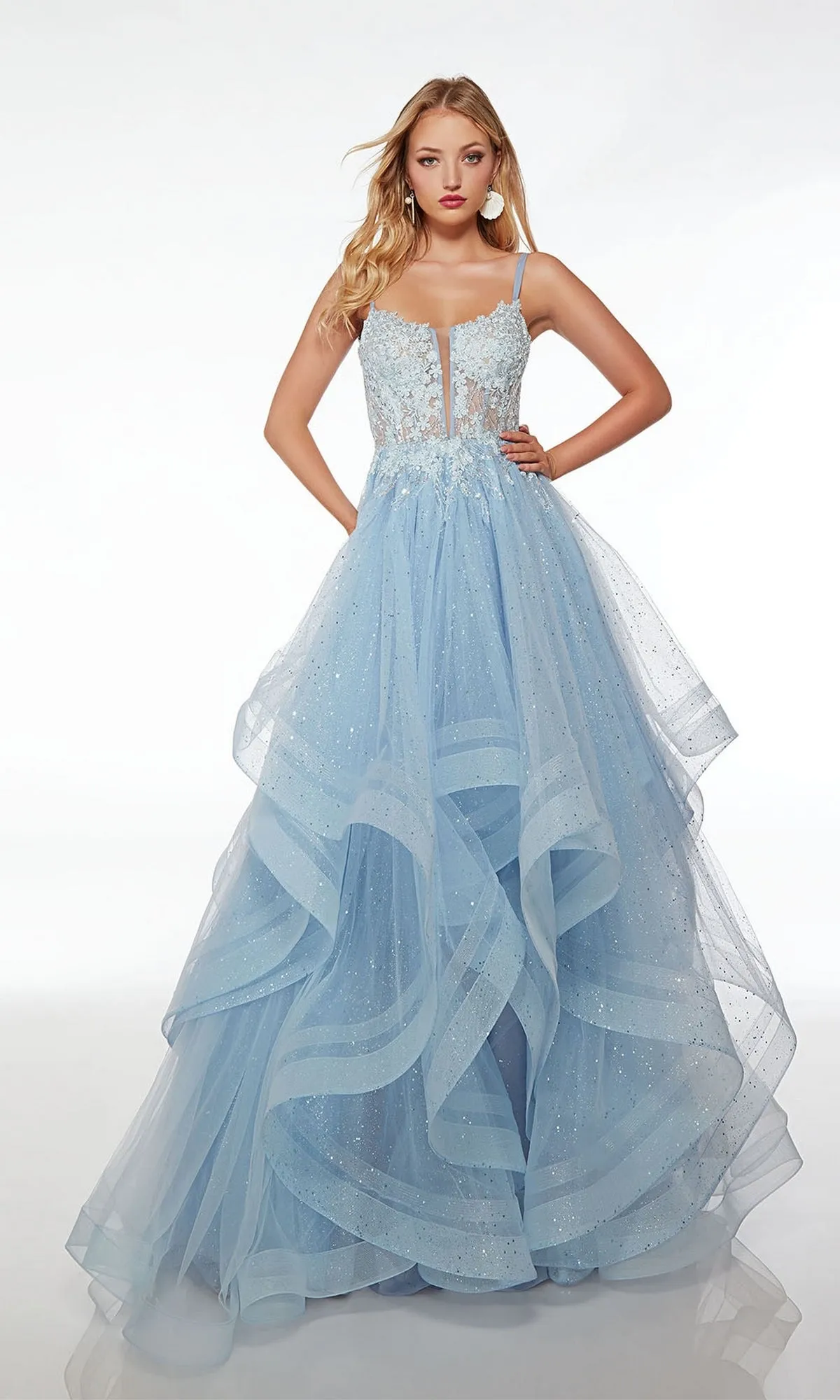 Light Blue Long Sheer-Bodice Prom Ball Gown 61543 sold by PromGirl product image thumbnail 3