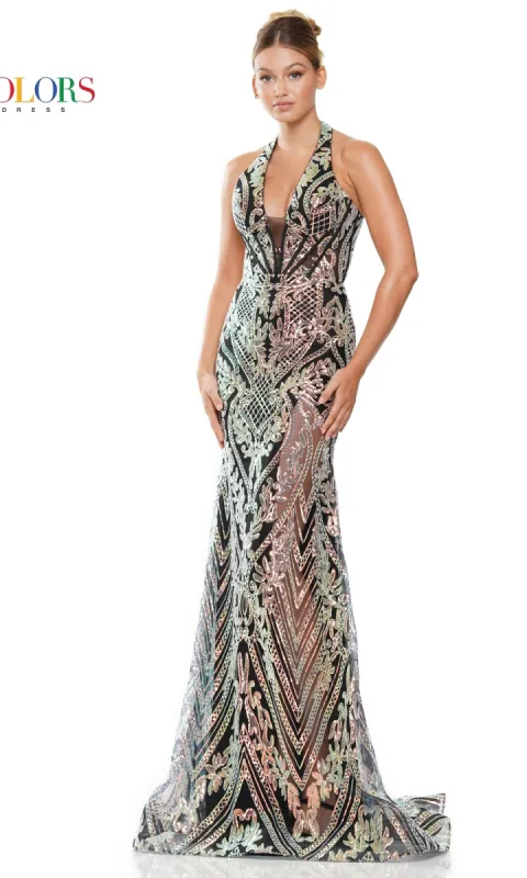 Sequin-Embroidered Long Halter Prom Dress 3114 sold by PromGirl