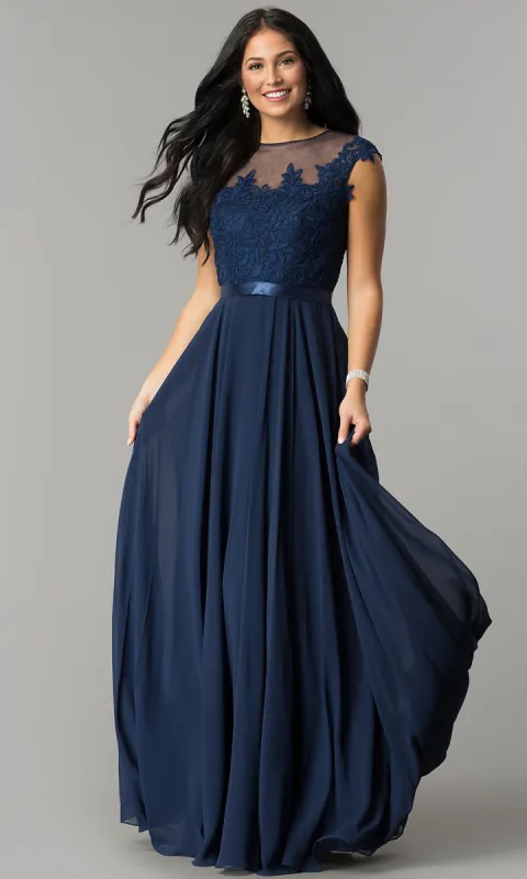 Long Embroidered-Bodice Cap-Sleeve Chiffon Prom Dress sold by PromGirl