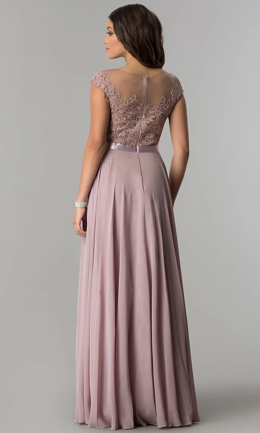 Long Embroidered-Bodice Cap-Sleeve Chiffon Prom Dress sold by PromGirl product image thumbnail 2
