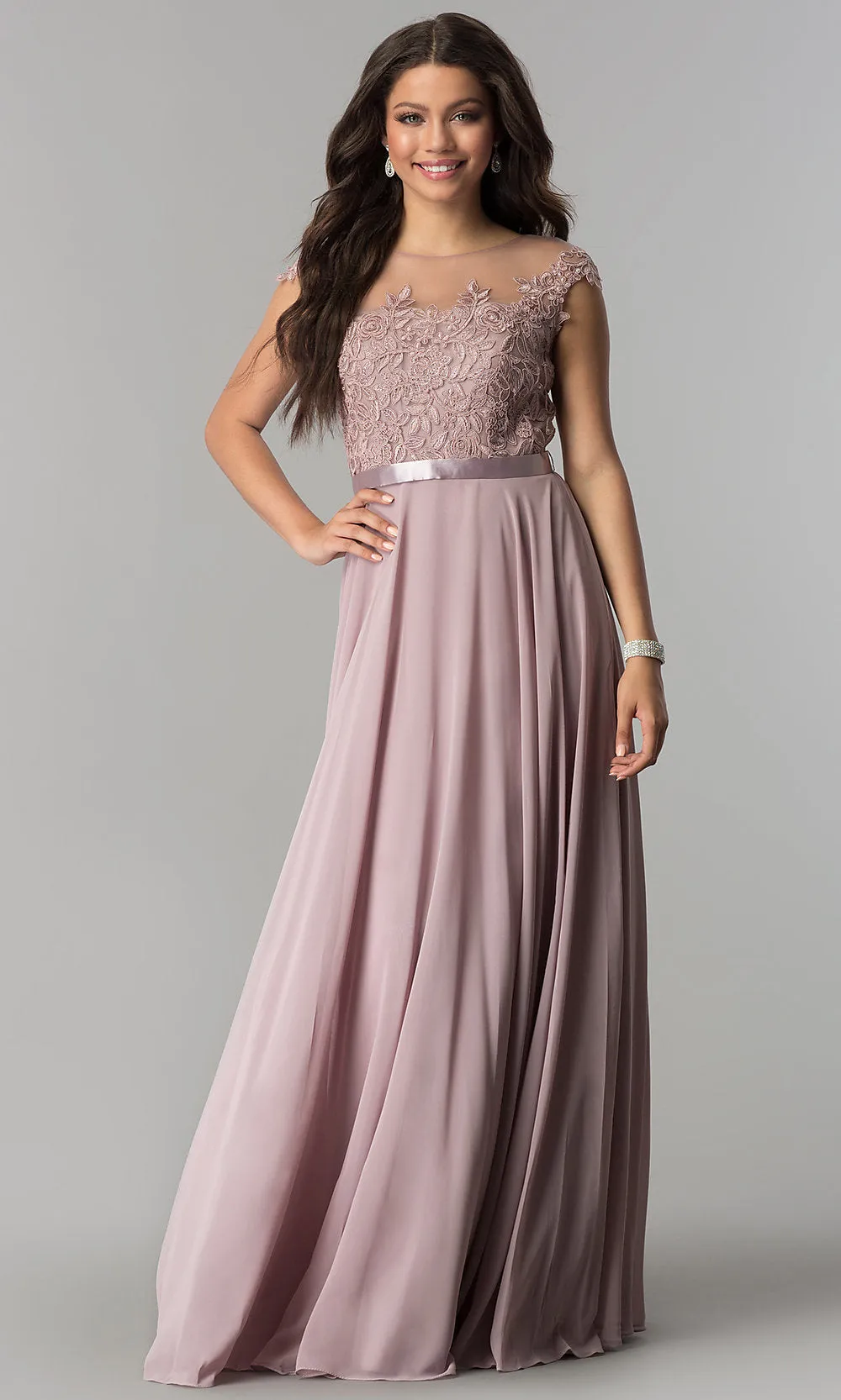 Long Embroidered-Bodice Cap-Sleeve Chiffon Prom Dress sold by PromGirl product image thumbnail 3