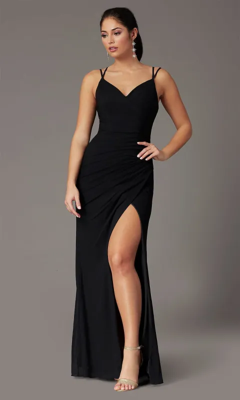 Long V-Neck Pleated Chiffon Prom Dress with Slit sold by PromGirl