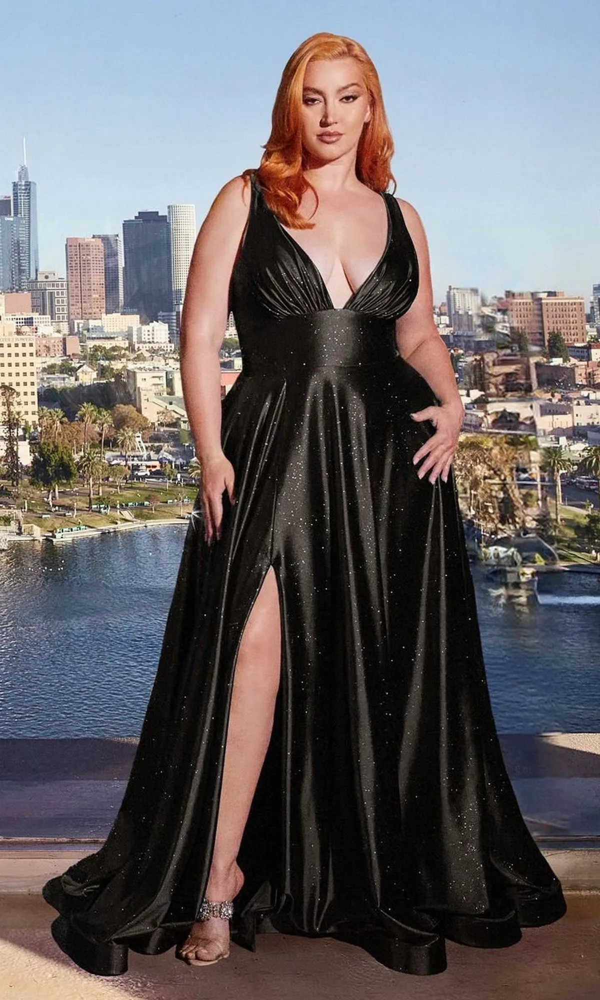 Plus Long Glitter Prom Dress: Ladivine CC2349C sold by PromGirl