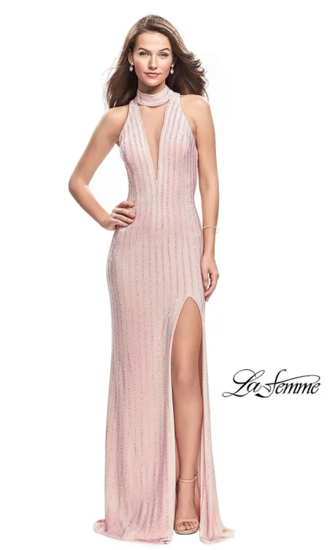 Long Open-Back La Femme Prom Dress with Beading sold by PromGirl