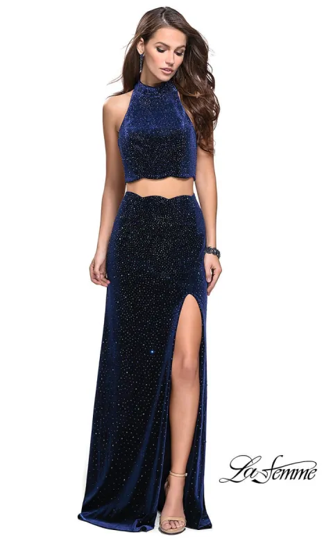 High-Neck Two-Piece Velvet La Femme Prom Dress sold by PromGirl