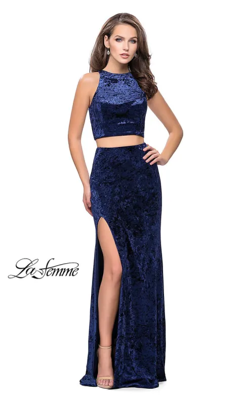 Long Two-Piece Velvet La Femme Prom Dress sold by PromGirl