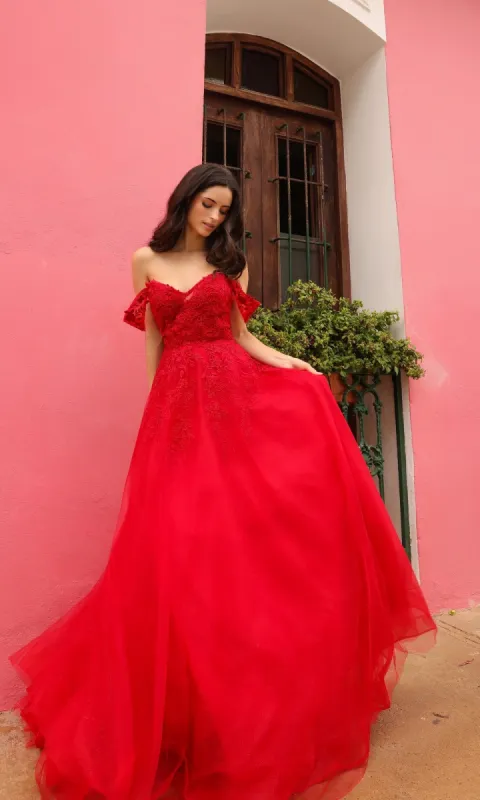 Off-the-Shoulder Long Tulle Prom Ball Gown R1303 sold by PromGirl