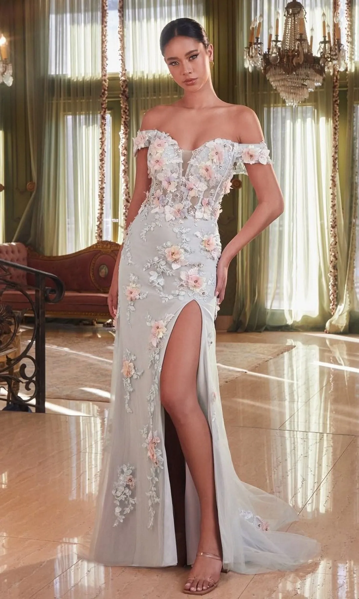 Floral-Embellished Long Mist Gray Prom Dress CD005 sold by PromGirl