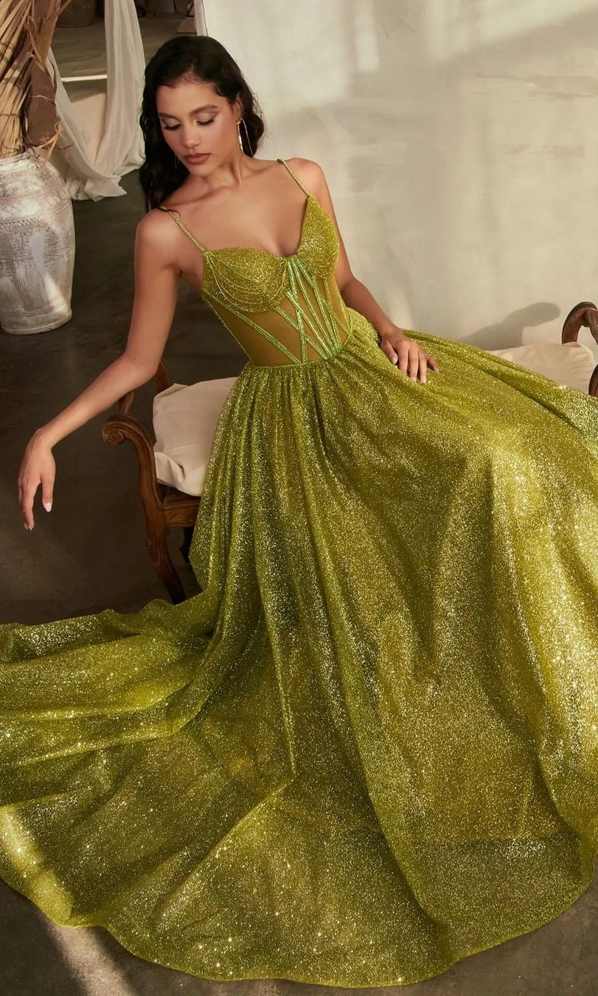 Sheer-Bodice Long A-Line Shimmer Prom Dress CD832 sold by PromGirl product image thumbnail 5