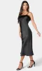 Feather-Trim Black Satin Midi Cocktail Dress 703927S sold by PromGirl