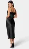 Feather-Trim Black Satin Midi Cocktail Dress 703927S sold by PromGirl
