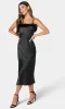 Feather-Trim Black Satin Midi Cocktail Dress 703927S sold by PromGirl