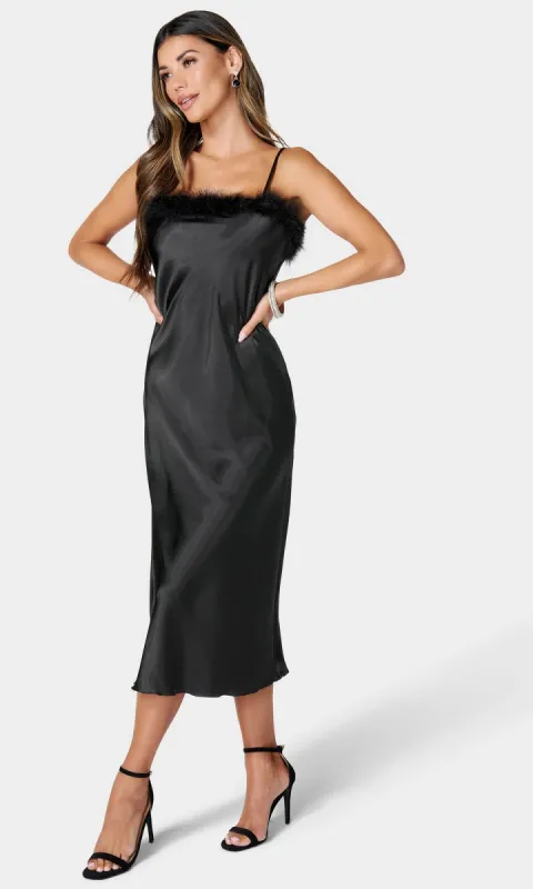 Feather-Trim Black Satin Midi Cocktail Dress 703927S sold by PromGirl