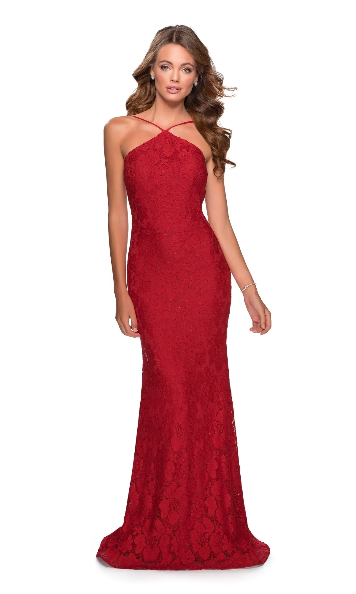 High-Neck Backless Lace Prom Dress: La Femme 28619 sold by PromGirl