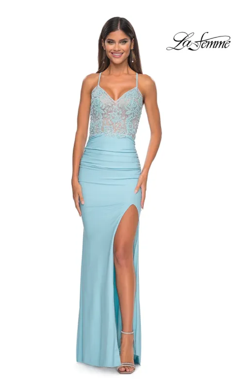 La Femme Sheer-Bodice Long Jersey Prom Dress 32054 sold by PromGirl