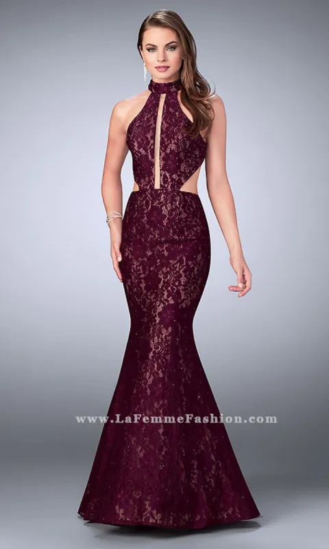 La Femme Long Lace Prom Dress with Cut Outs sold by PromGirl