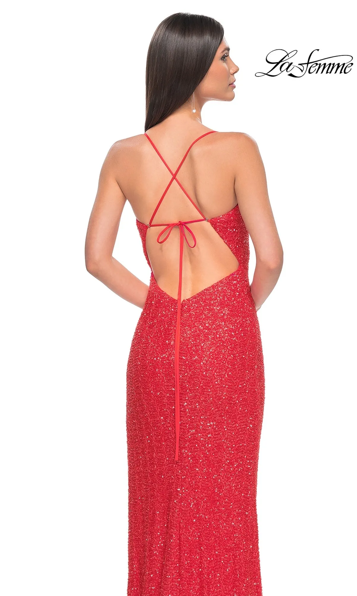 La Femme Hot Coral Long Beaded Prom Dress 31432 sold by PromGirl product image thumbnail 4