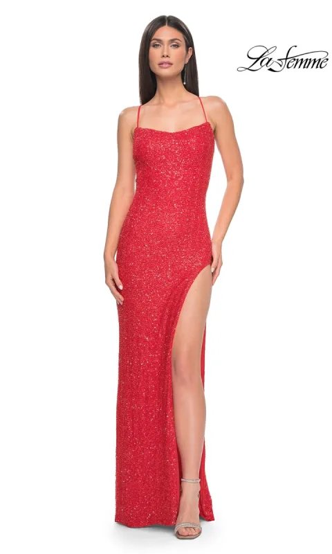 La Femme Hot Coral Long Beaded Prom Dress 31432 sold by PromGirl