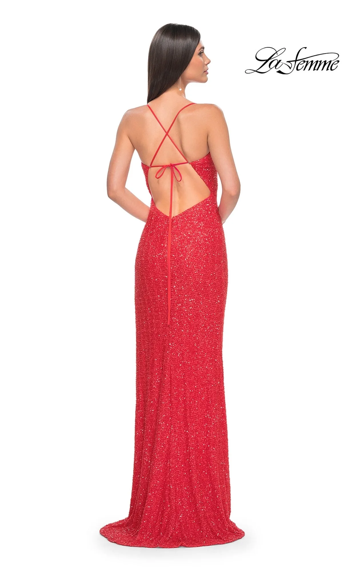 La Femme Hot Coral Long Beaded Prom Dress 31432 sold by PromGirl product image thumbnail 2