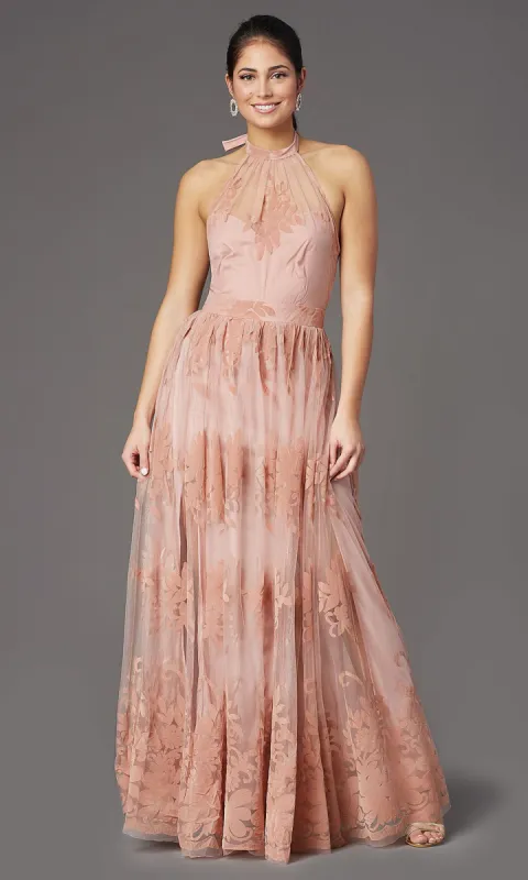 High-Neck Long Halter Formal Dress in Blush Pink sold by PromGirl