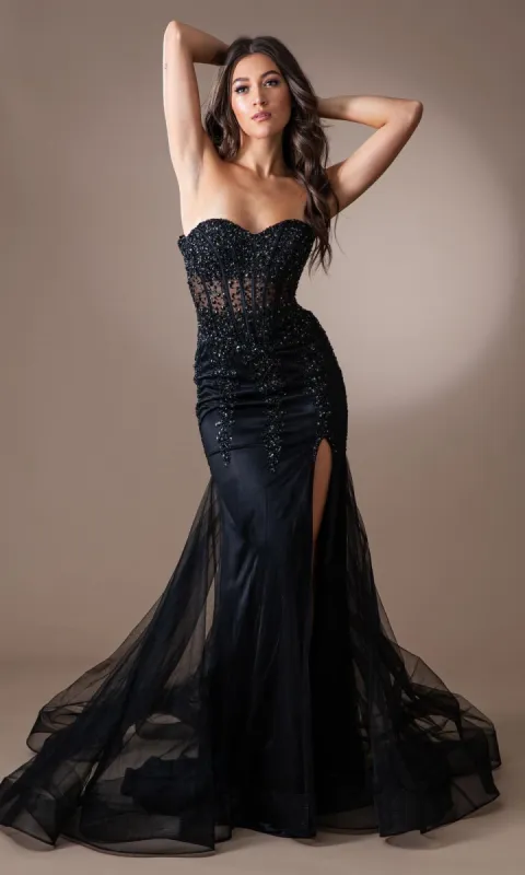 Strapless Long Beaded Sheer-Bodice Prom Dress 7051 sold by PromGirl