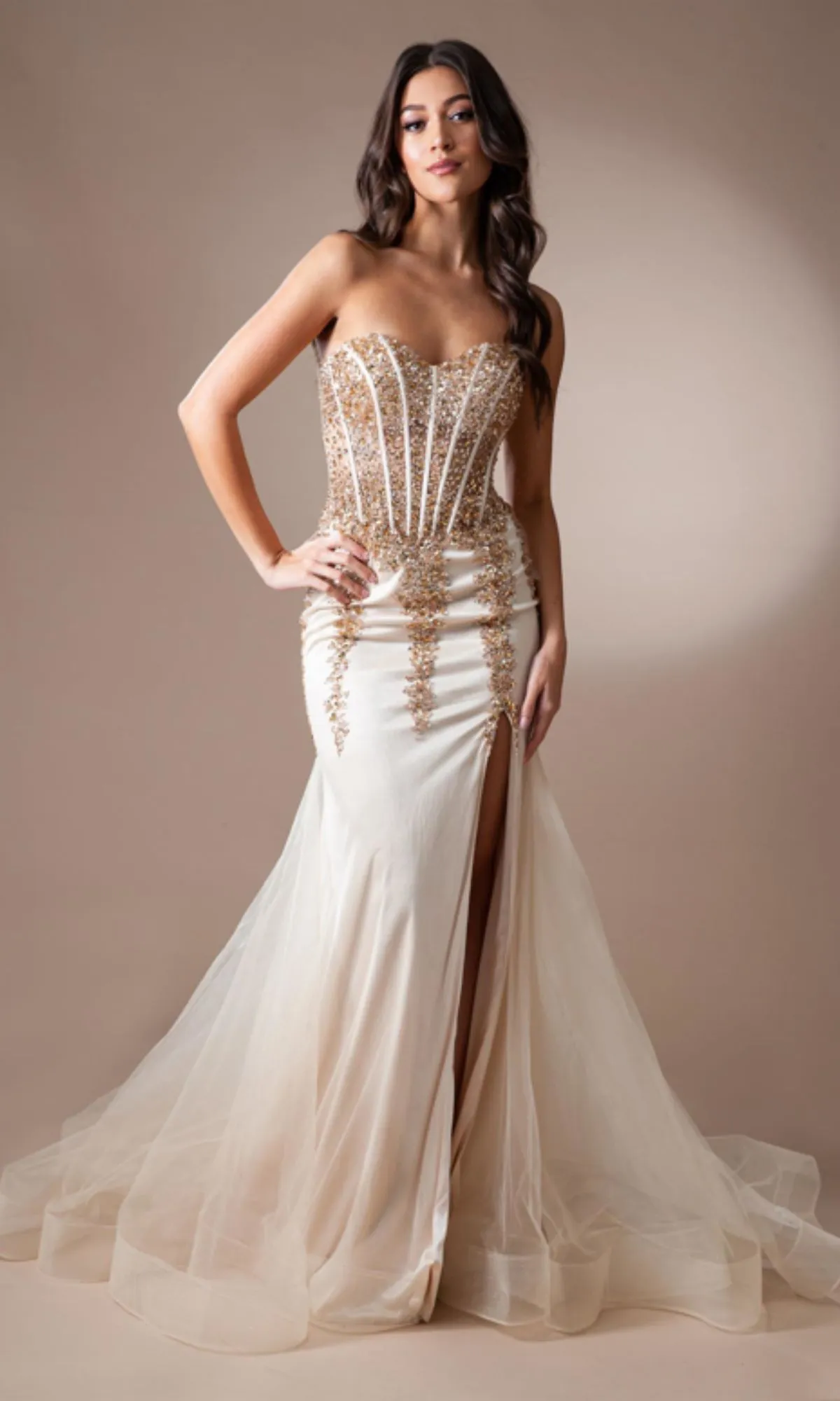 Strapless Long Beaded Sheer-Bodice Prom Dress 7051 sold by PromGirl product image thumbnail 3