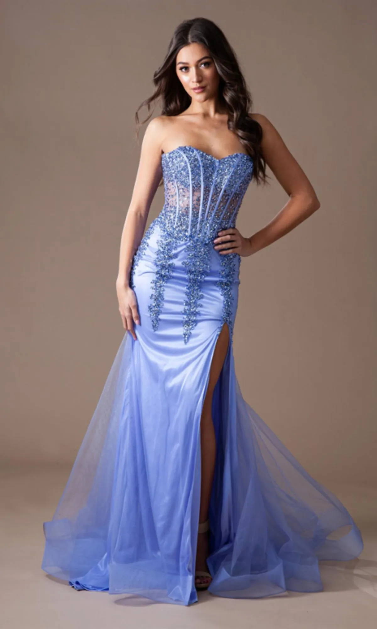 Strapless Long Beaded Sheer-Bodice Prom Dress 7051 sold by PromGirl product image thumbnail 4