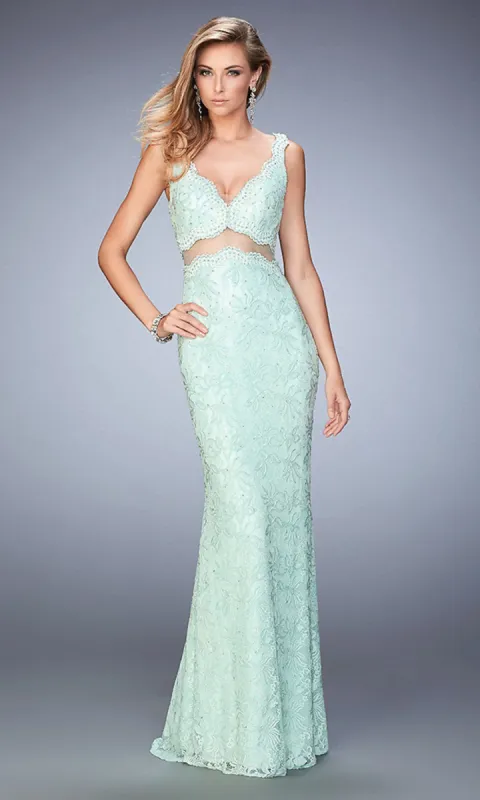 Lace Midriff Cut Out Long La Femme Formal Gown sold by PromGirl