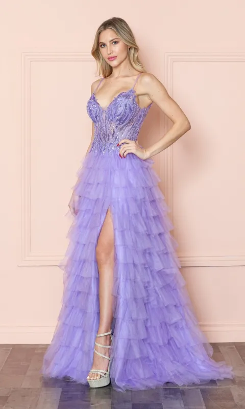 Open-Back Long Ruffled Prom Dress: Poly USA 9408 sold by PromGirl