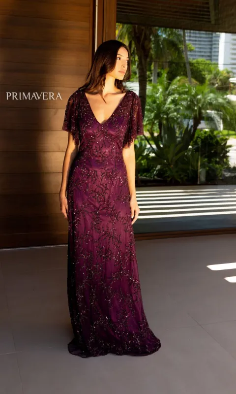 Cape-Sleeve Beaded Formal Dress: Primavera 13124 sold by PromGirl