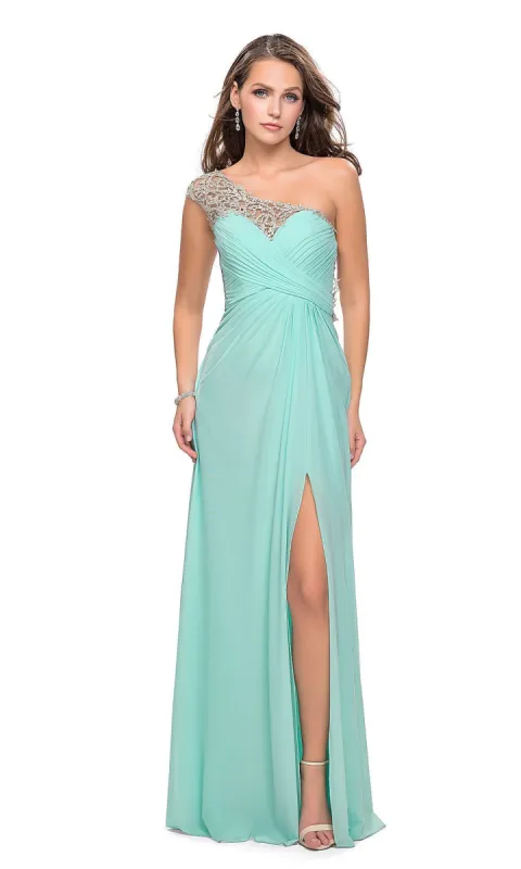 Long La Femme Prom Dress with Beaded Shoulder sold by PromGirl