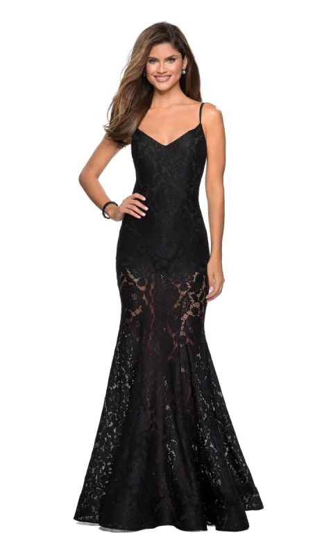 Sheer Lace Mermaid Prom Dress: La Femme 27584 sold by PromGirl