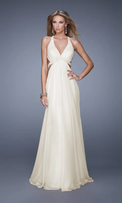 Open-Back Deep V-Neck Long Prom Gown by La Femme sold by PromGirl