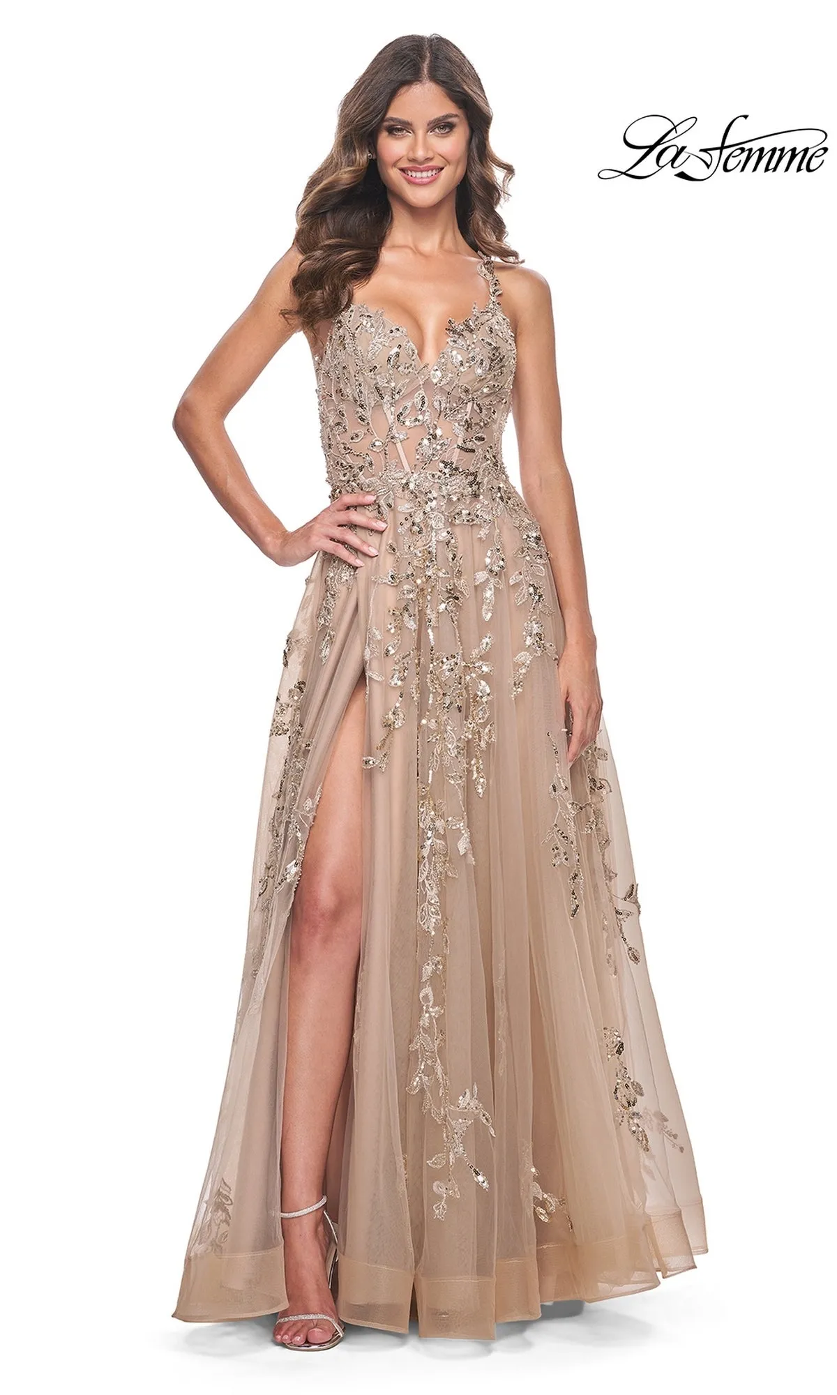 La Femme Sheer-Bodice Long Lace Prom Dress 32052 sold by PromGirl