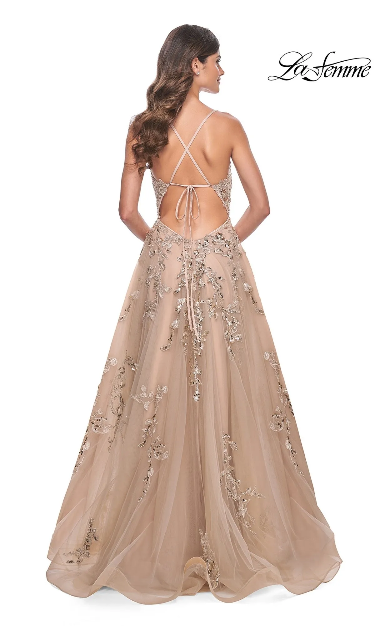 La Femme Sheer-Bodice Long Lace Prom Dress 32052 sold by PromGirl product image thumbnail 2