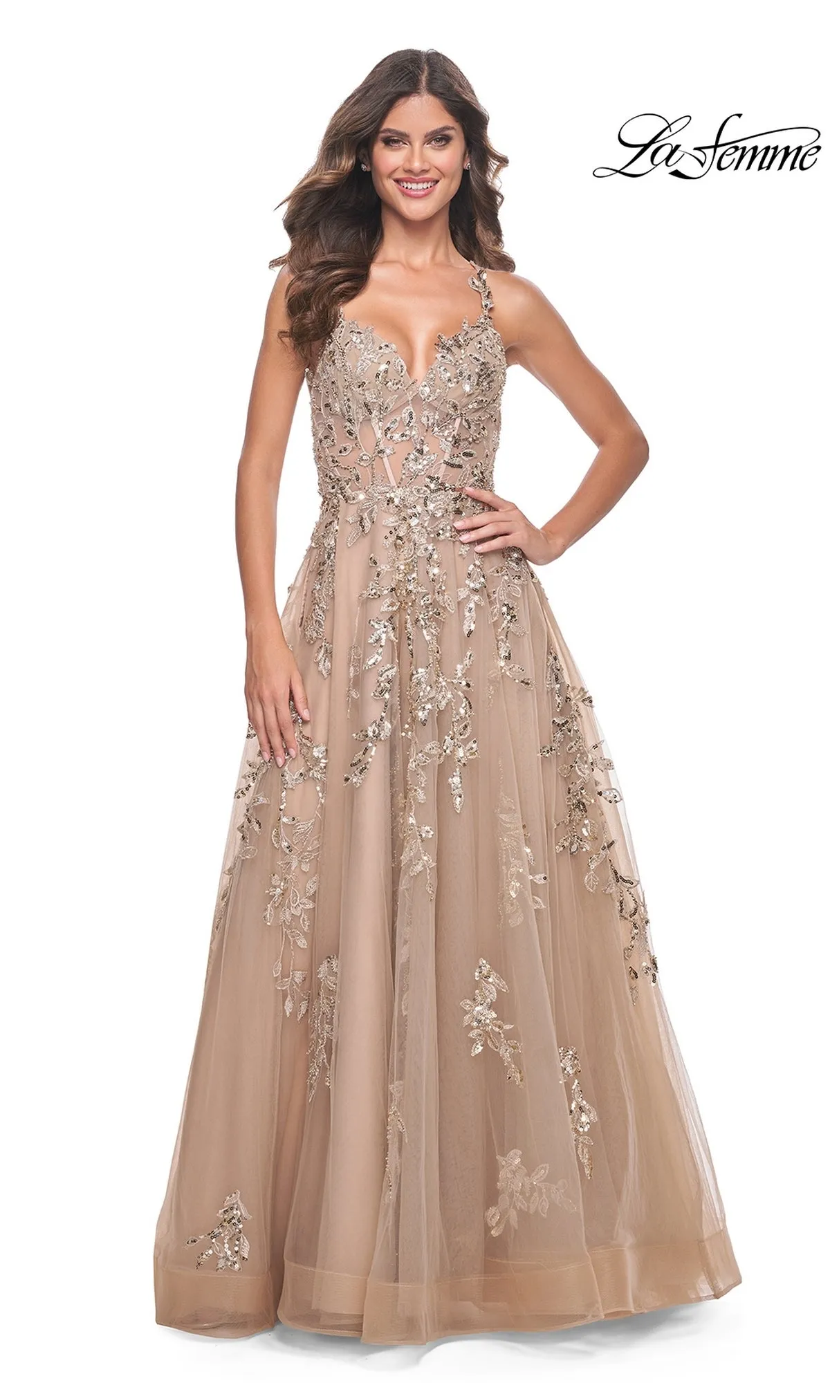 La Femme Sheer-Bodice Long Lace Prom Dress 32052 sold by PromGirl product image thumbnail 5