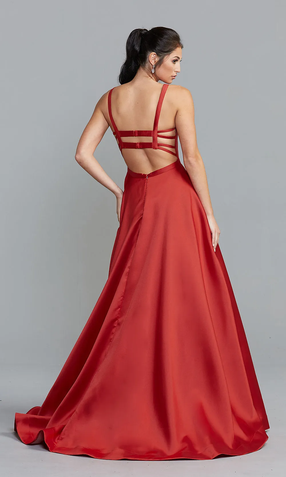 Caged-Back Long A-Line Prom Dress with Pockets sold by PromGirl product image thumbnail 2