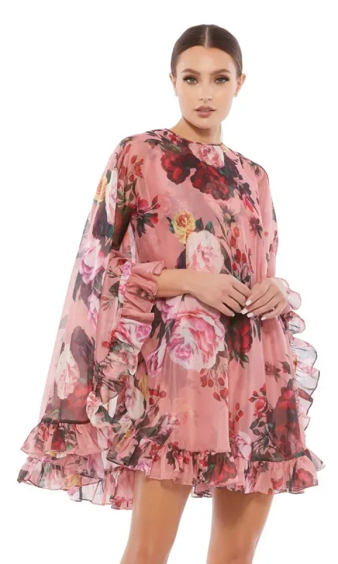 Short Print Cape Hoco Dress: Mac Duggal 55404 sold by PromGirl