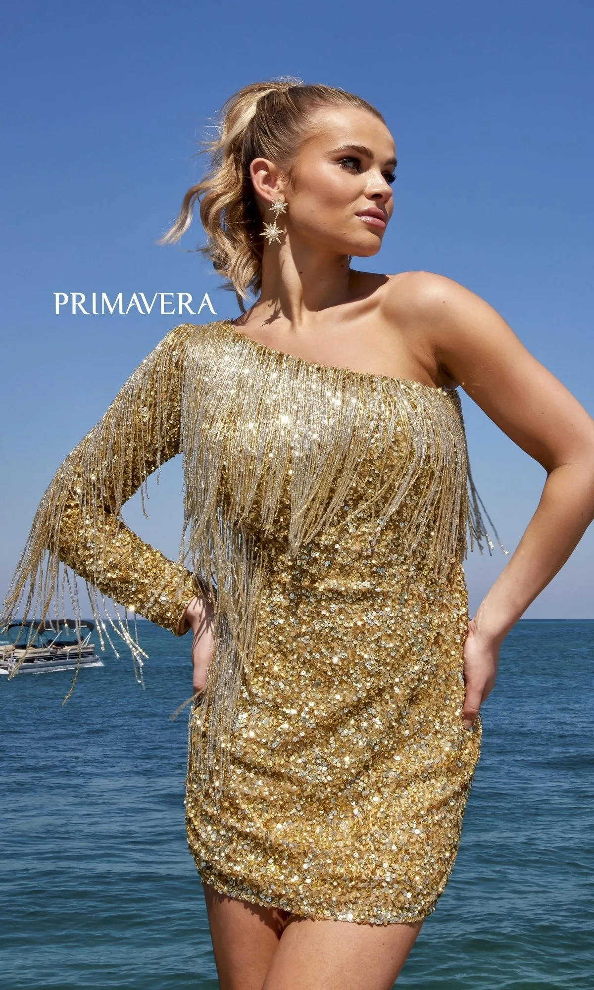 One Long-Sleeve Fringed Sequin Party Dress 4003 sold by PromGirl product image thumbnail 3