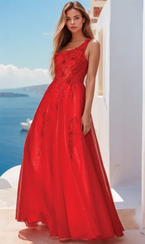 One-Shoulder Long Red Prom Dress: Juliet 298 sold by PromGirl