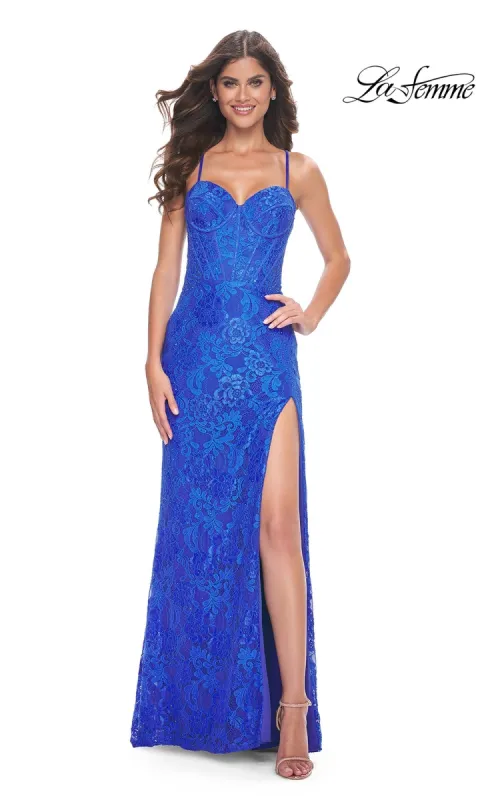 La Femme Floral-Lace Long Corset Prom Dress 32248 sold by PromGirl