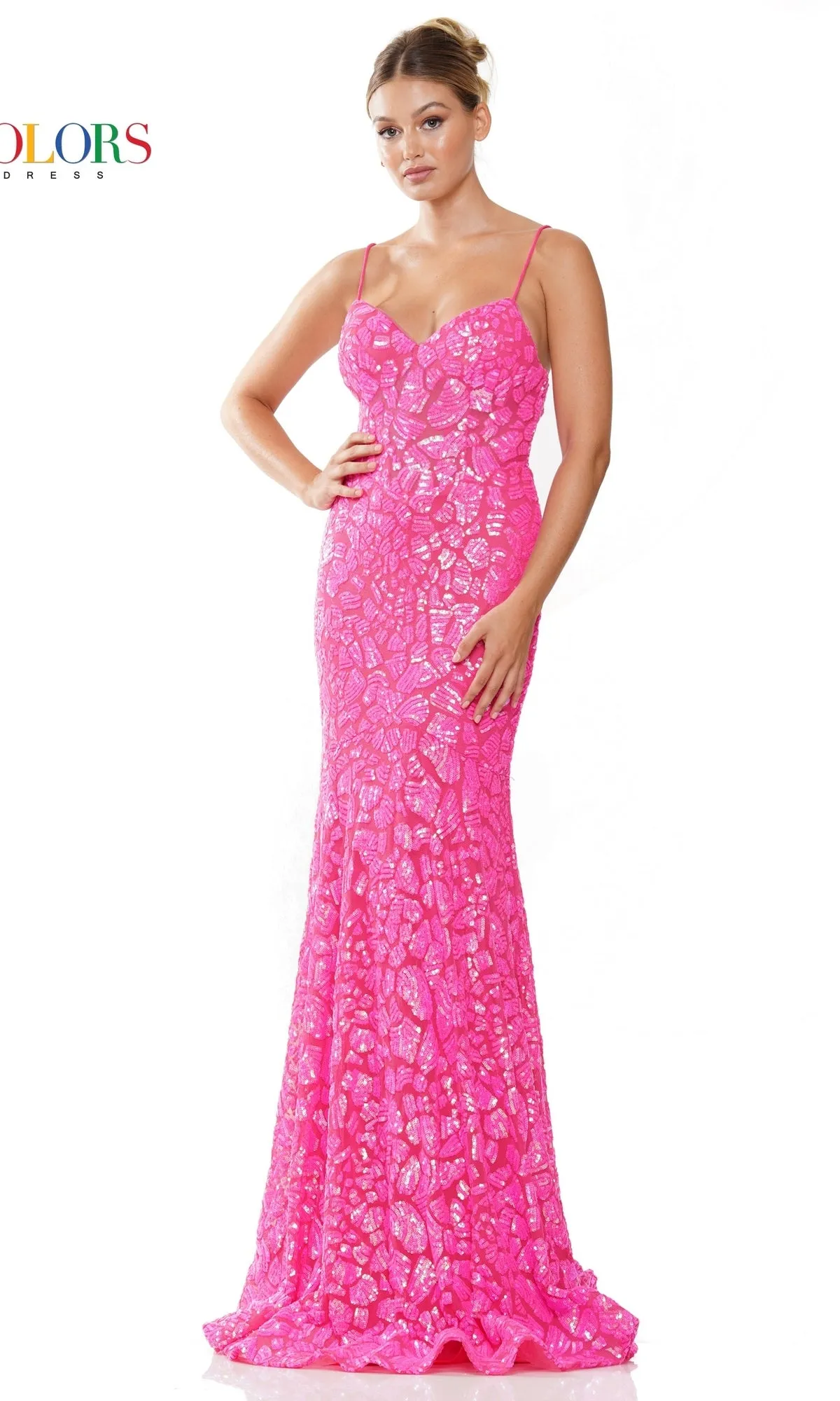 Lace-Up Long Sequin-Print Prom Dress 3113 sold by PromGirl