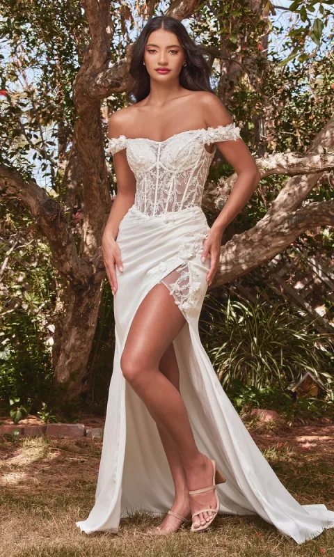 Off-Shoulder Long White Corset Prom Dress CD0186W sold by PromGirl