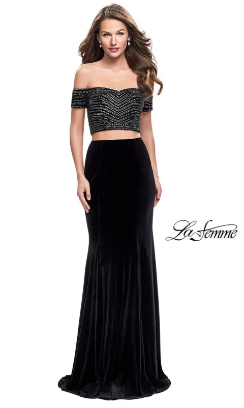 Long Two-Piece Off-the-Shoulder Velvet La Femme Prom Dress sold by PromGirl