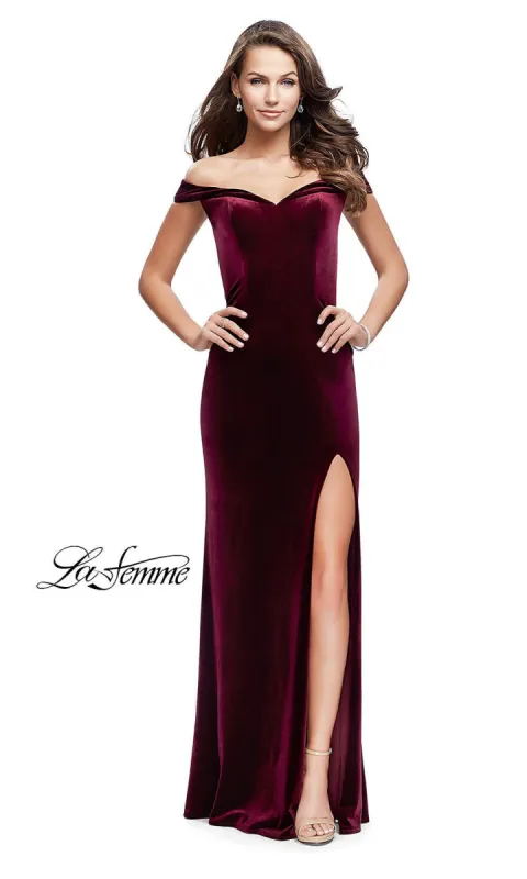 Off-the-Shoulder Long Velvet Prom Dress by La Femme sold by PromGirl