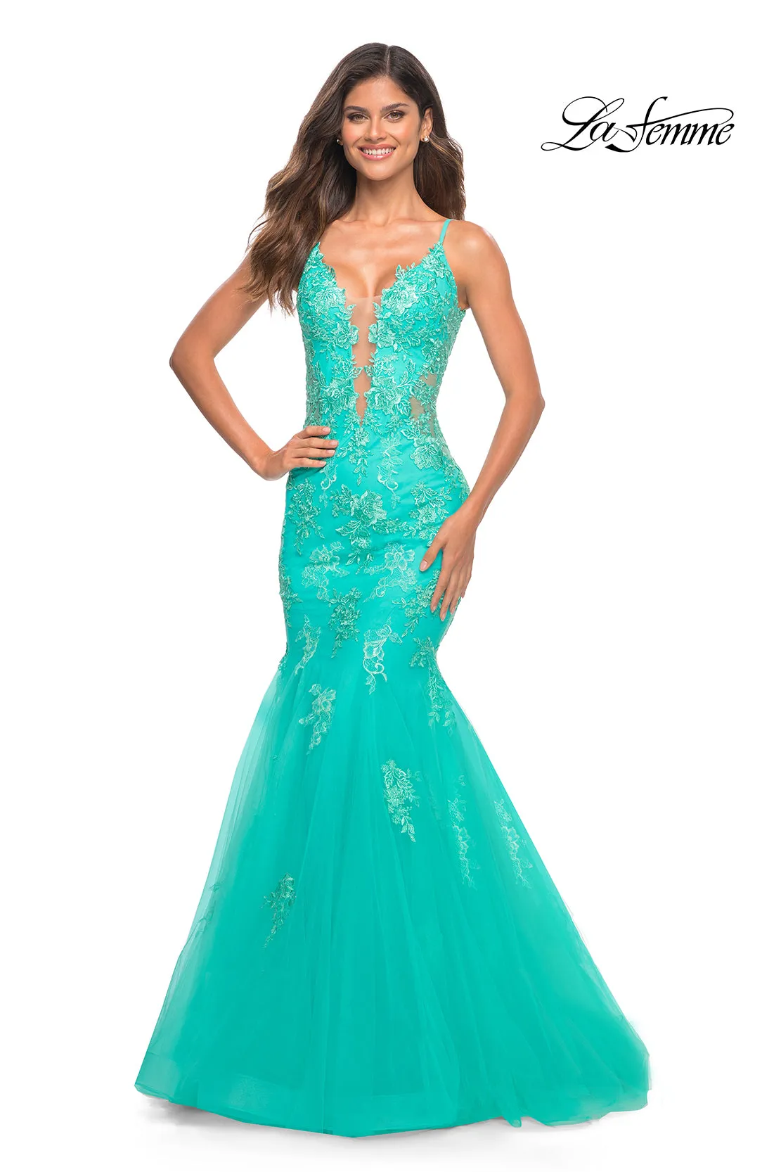 Aqua Blue Long Lace Prom Dress: La Femme 30675 sold by PromGirl