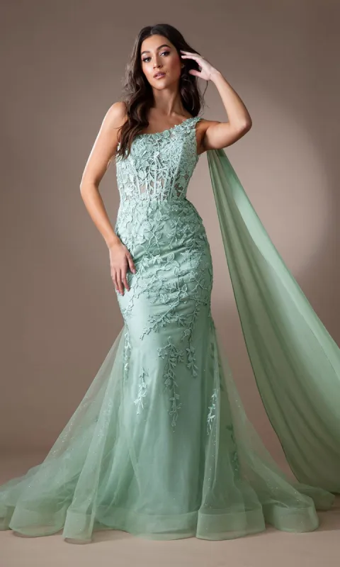 One-Shoulder Long Lace Mermaid Prom Dress 7048 sold by PromGirl