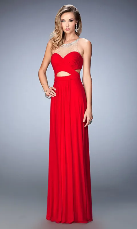 Floor Length Open Back Formal Gown with a Waist Cut Out by La Femme made by La Femme