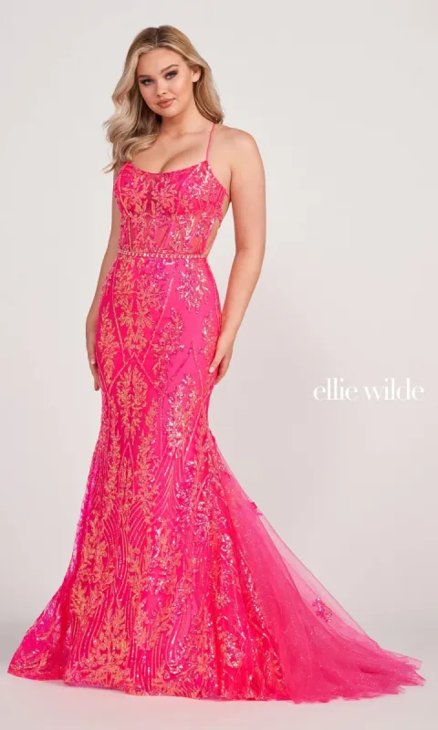 Sheer-Corset Long Sequin Mermaid Prom Dress sold by PromGirl
